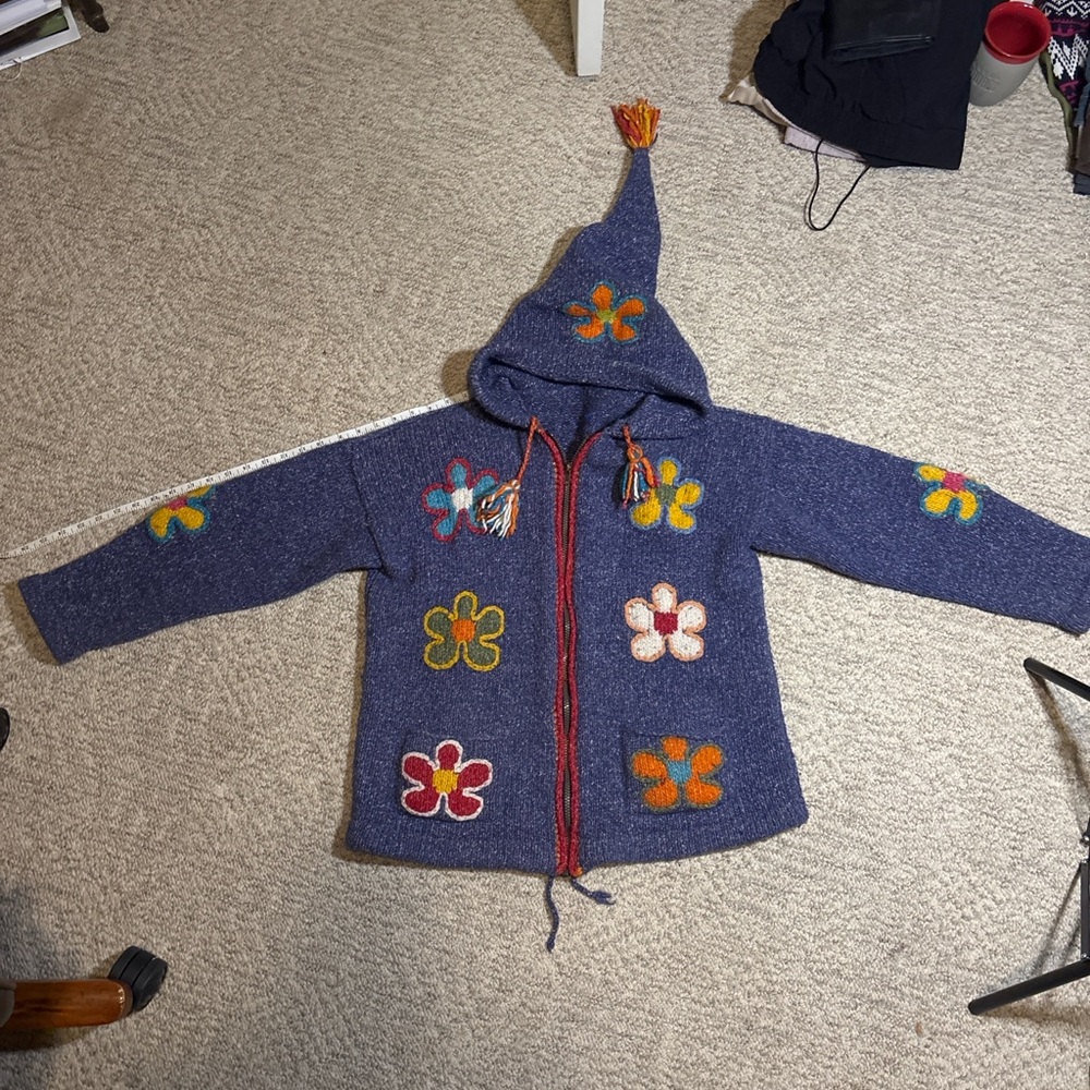 Floral Embroidered Blue Women's wool cardigan - Picture 2 of 16